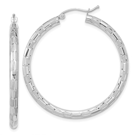 14k White Gold Hoop Earrings, Large Textured Brick Pattern, Lightweight Modern Jewelry for Women