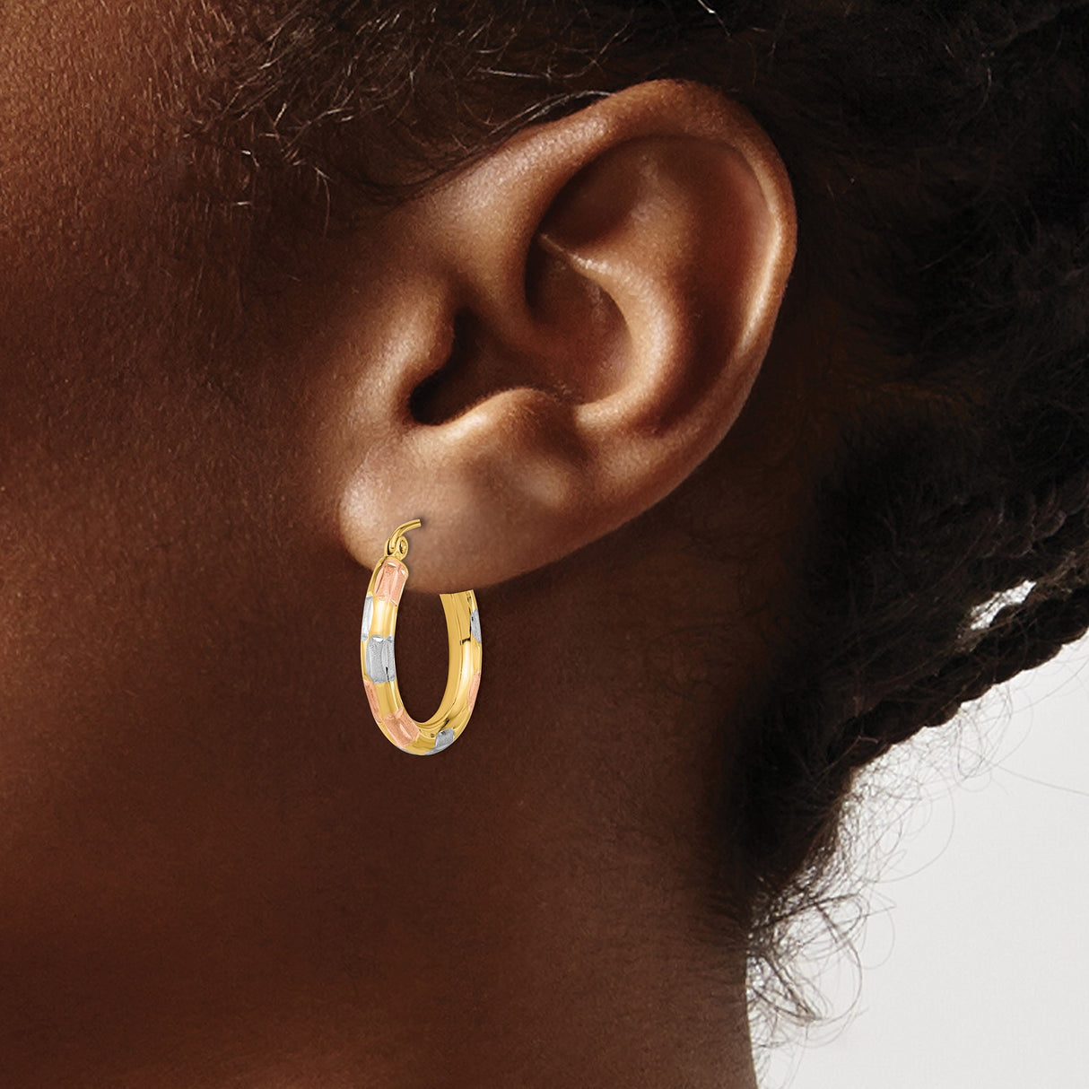 14k Tri-Color Gold Hoop Earrings, Polished Finish, Lightweight Medium Hoops for Women