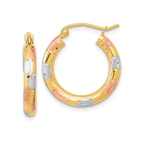 14k Tri-Color Gold Hoop Earrings, Polished Finish, Lightweight Medium Hoops for Women