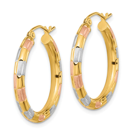 14k Yellow Gold Tricolor Hoop Earrings, Textured Lightweight Design, Polished Finish for Women