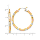 14k Yellow Gold Hoop Earrings, Tricolor Rose Gold and Rhodium Accents, Polished Modern Design