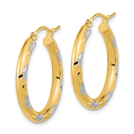 14k Yellow Gold Hoop Earrings, Diamond-Cut Leaf Pattern, Two-Tone Polished Design for Women