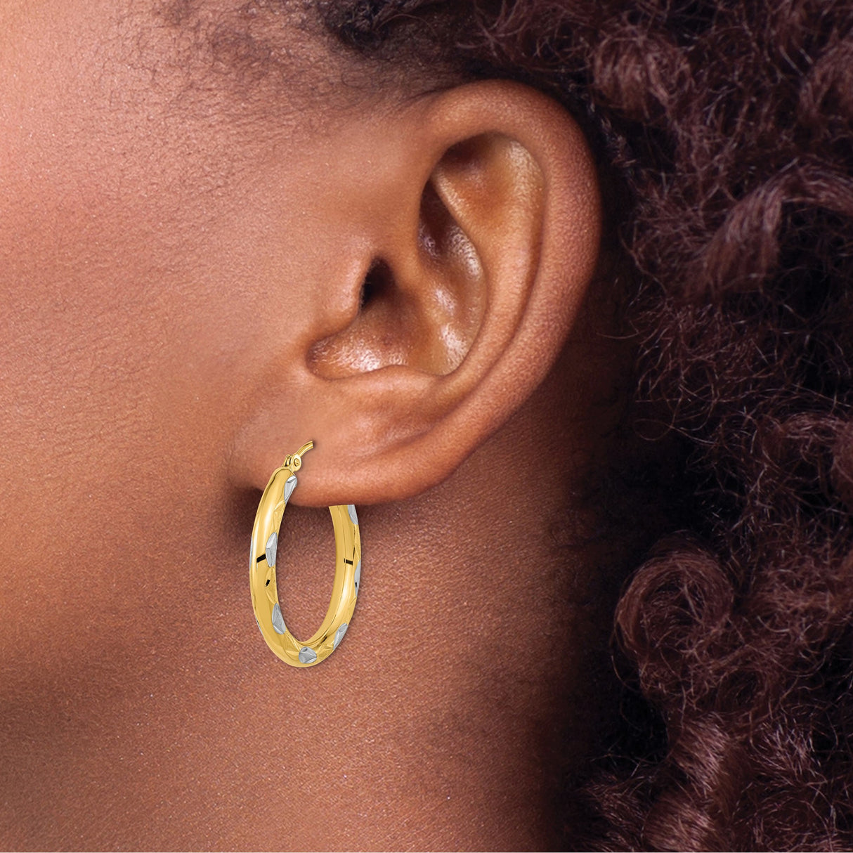 14k Yellow Gold Hoop Earrings, Diamond-Cut Leaf Pattern, Two-Tone Polished Design for Women