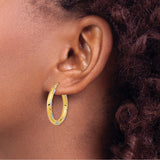 14k Yellow Gold Hoop Earrings, Diamond-Cut Leaf Pattern, Two-Tone Polished Design for Women