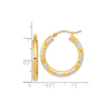 14k Yellow Gold Hoop Earrings, Diamond-Cut Leaf Pattern, Two-Tone Polished Design for Women