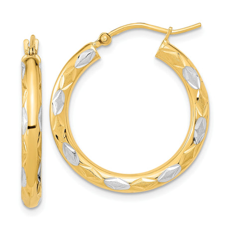 14k Yellow Gold Hoop Earrings, Diamond-Cut Leaf Pattern, Two-Tone Polished Design for Women
