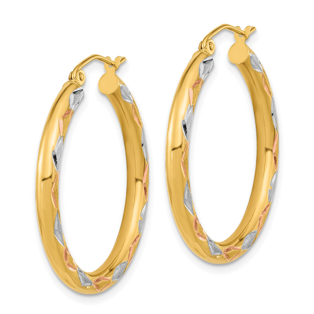 14k Yellow Gold Two Tone Hoop Earrings with Textured Diamond Cut and Polished Satin Finish