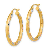 14k Yellow Gold Two Tone Hoop Earrings with Textured Diamond Cut and Polished Satin Finish