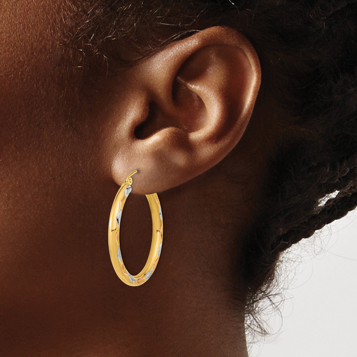 14k Yellow Gold Two Tone Hoop Earrings with Textured Diamond Cut and Polished Satin Finish