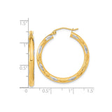 14k Yellow Gold Two Tone Hoop Earrings with Textured Diamond Cut and Polished Satin Finish