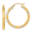 14k Yellow Gold Two Tone Hoop Earrings with Textured Diamond Cut and Polished Satin Finish