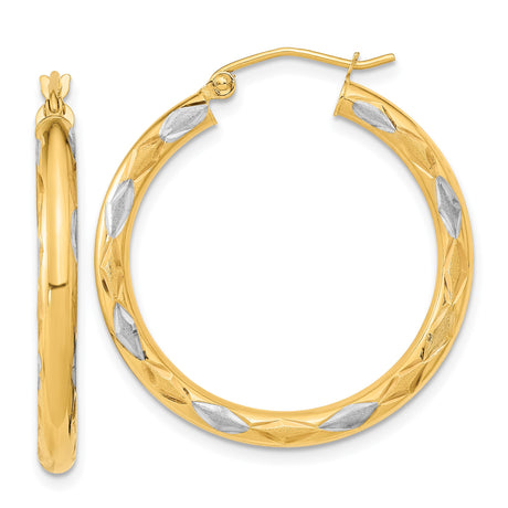14k Yellow Gold Two Tone Hoop Earrings with Textured Diamond Cut and Polished Satin Finish