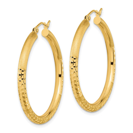 14k Yellow Gold Hoop Earrings with Textured Leaf and Diamond-Cut Detailing