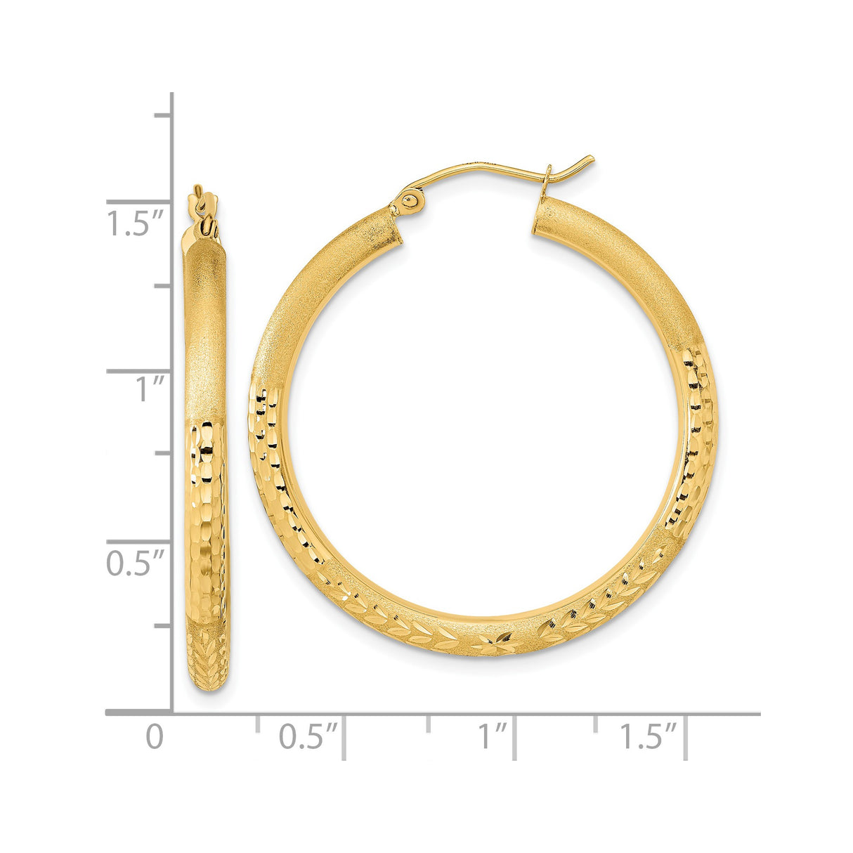 14k Yellow Gold Hoop Earrings with Textured Leaf and Diamond-Cut Detailing