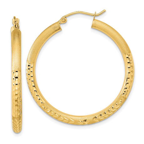 14k Yellow Gold Hoop Earrings with Textured Leaf and Diamond-Cut Detailing