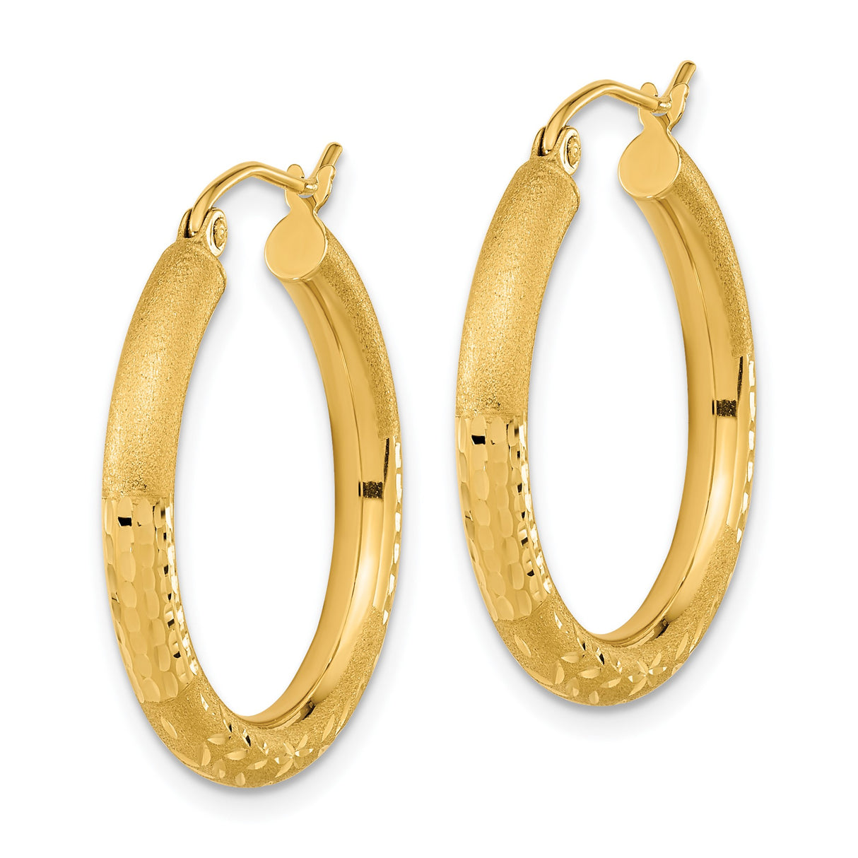 14k Yellow Gold Hoop Earrings with Textured Matte Finish and Diamond-Cut Leaf Pattern