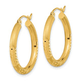 14k Yellow Gold Hoop Earrings with Textured Matte Finish and Diamond-Cut Leaf Pattern
