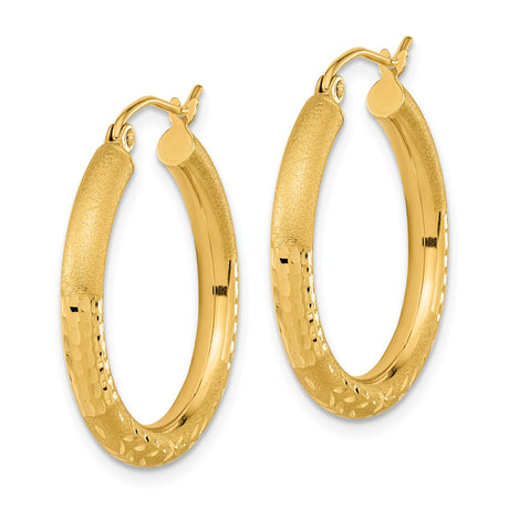 14k Yellow Gold Hoop Earrings with Textured Matte Finish and Diamond-Cut Leaf Pattern