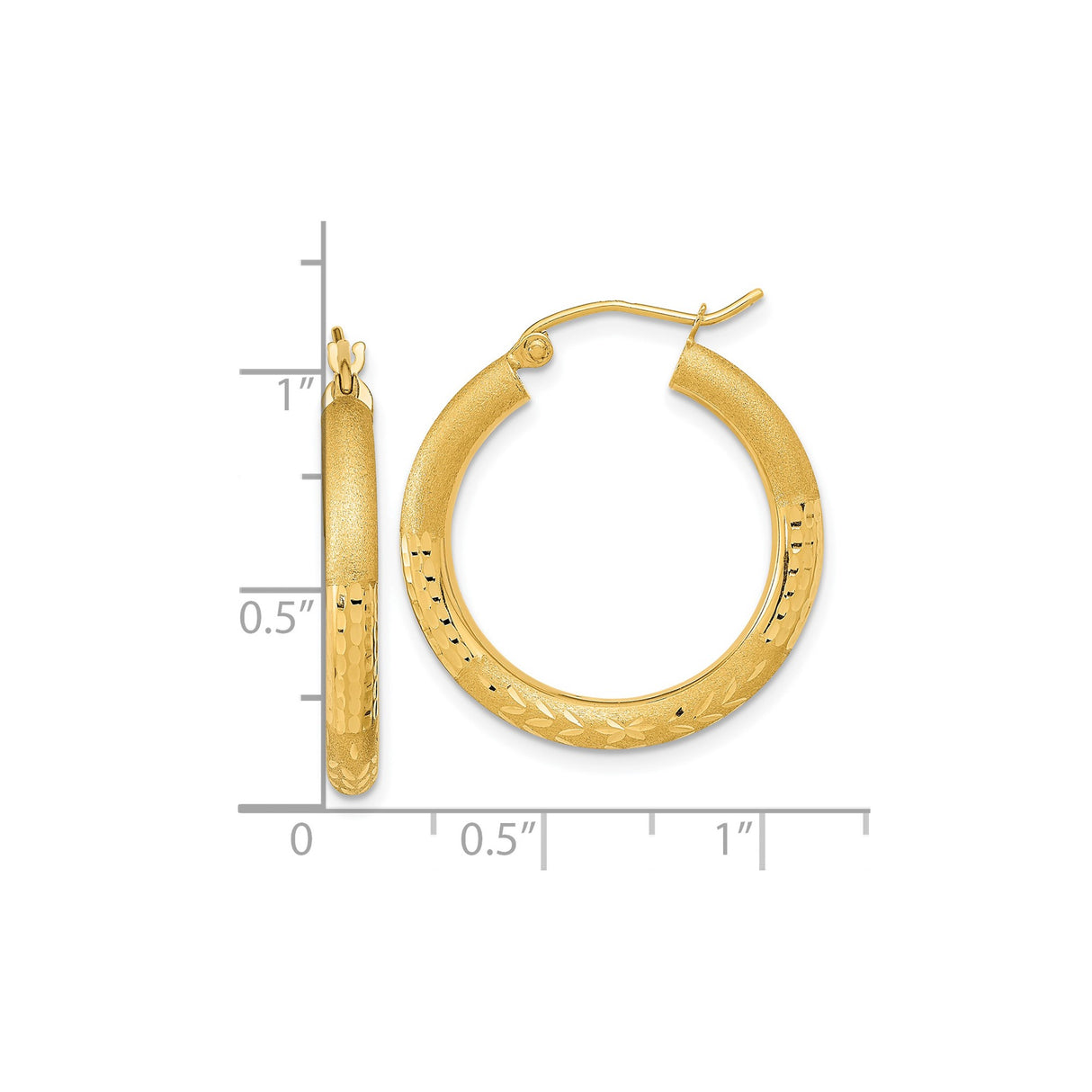 14k Yellow Gold Hoop Earrings with Textured Matte Finish and Diamond-Cut Leaf Pattern