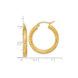 14k Yellow Gold Hoop Earrings with Textured Matte Finish and Diamond-Cut Leaf Pattern