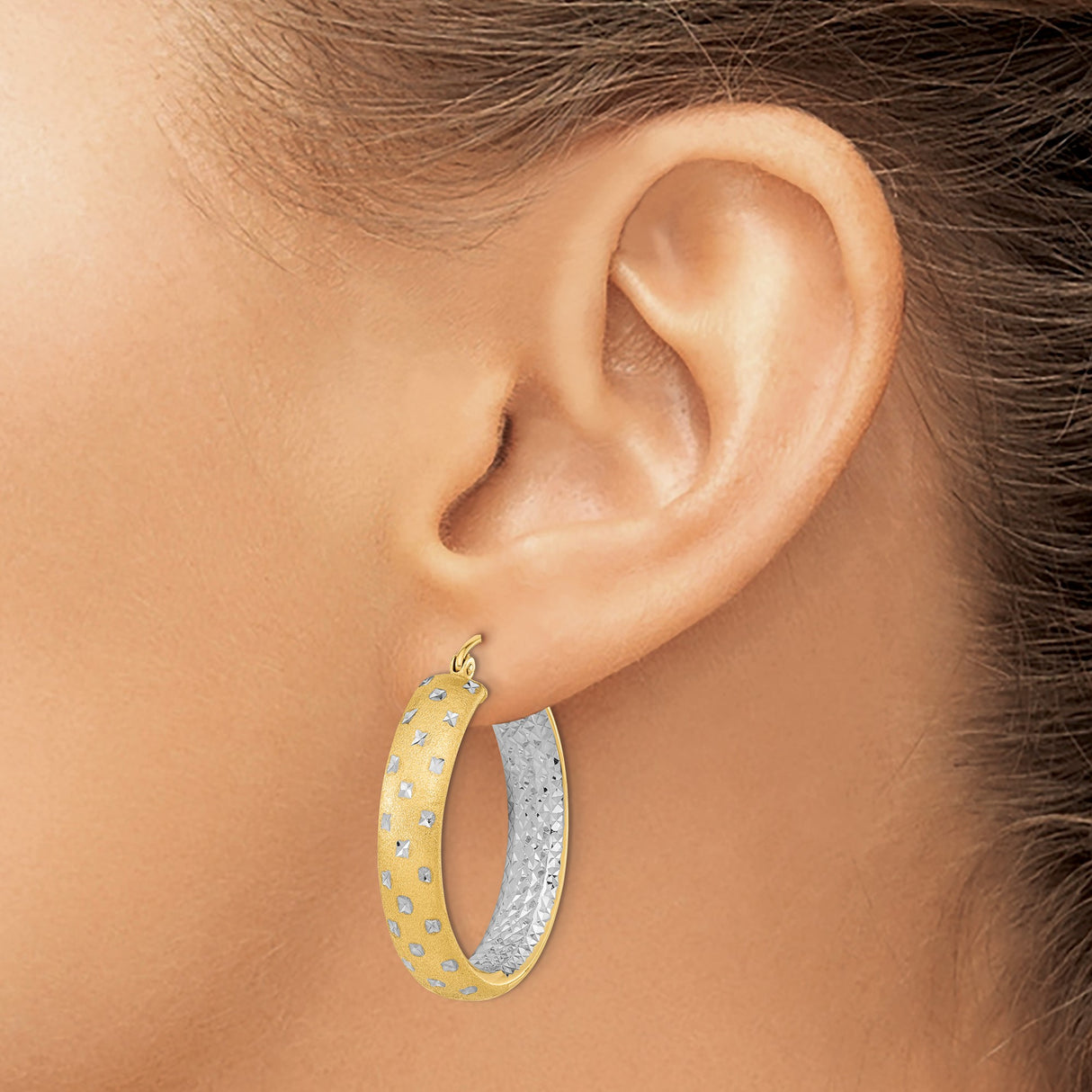 14k Yellow Gold Hoop Earrings, Textured Matte Finish, Diamond Cut Accents, Two Tone Design