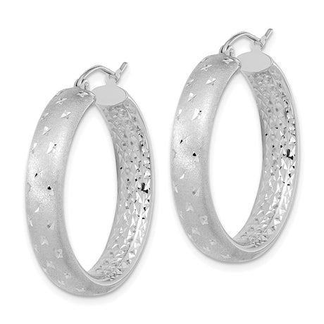 14k White Gold Hoop Earrings, Diamond Cut Star Pattern with Textured Finish