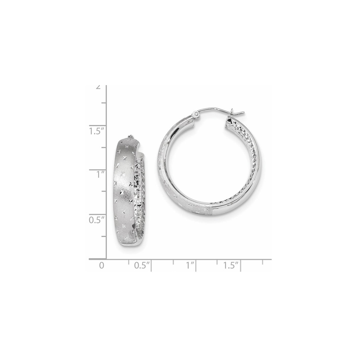 14k White Gold Hoop Earrings, Diamond Cut Star Pattern with Textured Finish