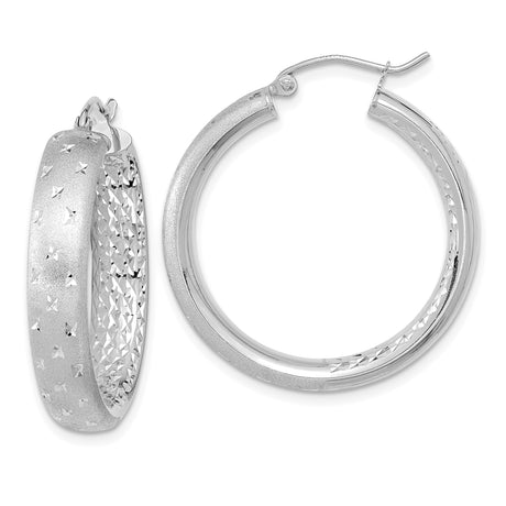 14k White Gold Hoop Earrings, Diamond Cut Star Pattern with Textured Finish