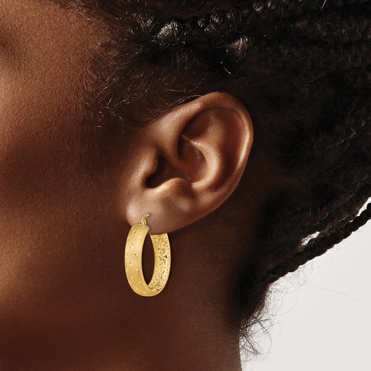 14k Yellow Gold Hoop Earrings with Textured Diamond-Cut Design and Satin Finish