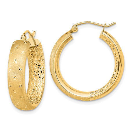 14k Yellow Gold Hoop Earrings with Textured Diamond-Cut Design and Satin Finish
