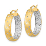 14k Yellow Gold Hoop Earrings with Rhodium Accents, Textured Diamond-Cut Two-Tone Design