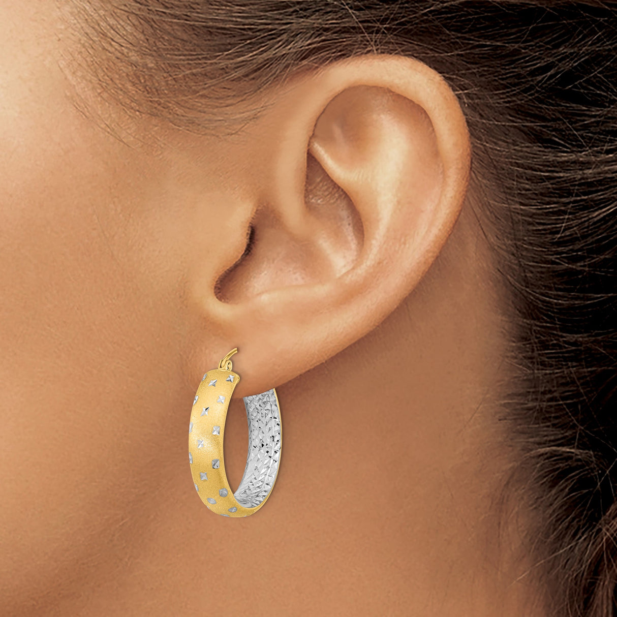 14k Yellow Gold Hoop Earrings with Rhodium Accents, Textured Diamond-Cut Two-Tone Design
