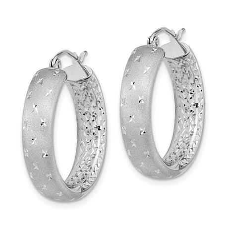 14k White Gold Hoop Earrings with Diamond Cut Texture, Polished and Satin Finish