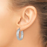 14k White Gold Hoop Earrings with Diamond Cut Texture, Polished and Satin Finish