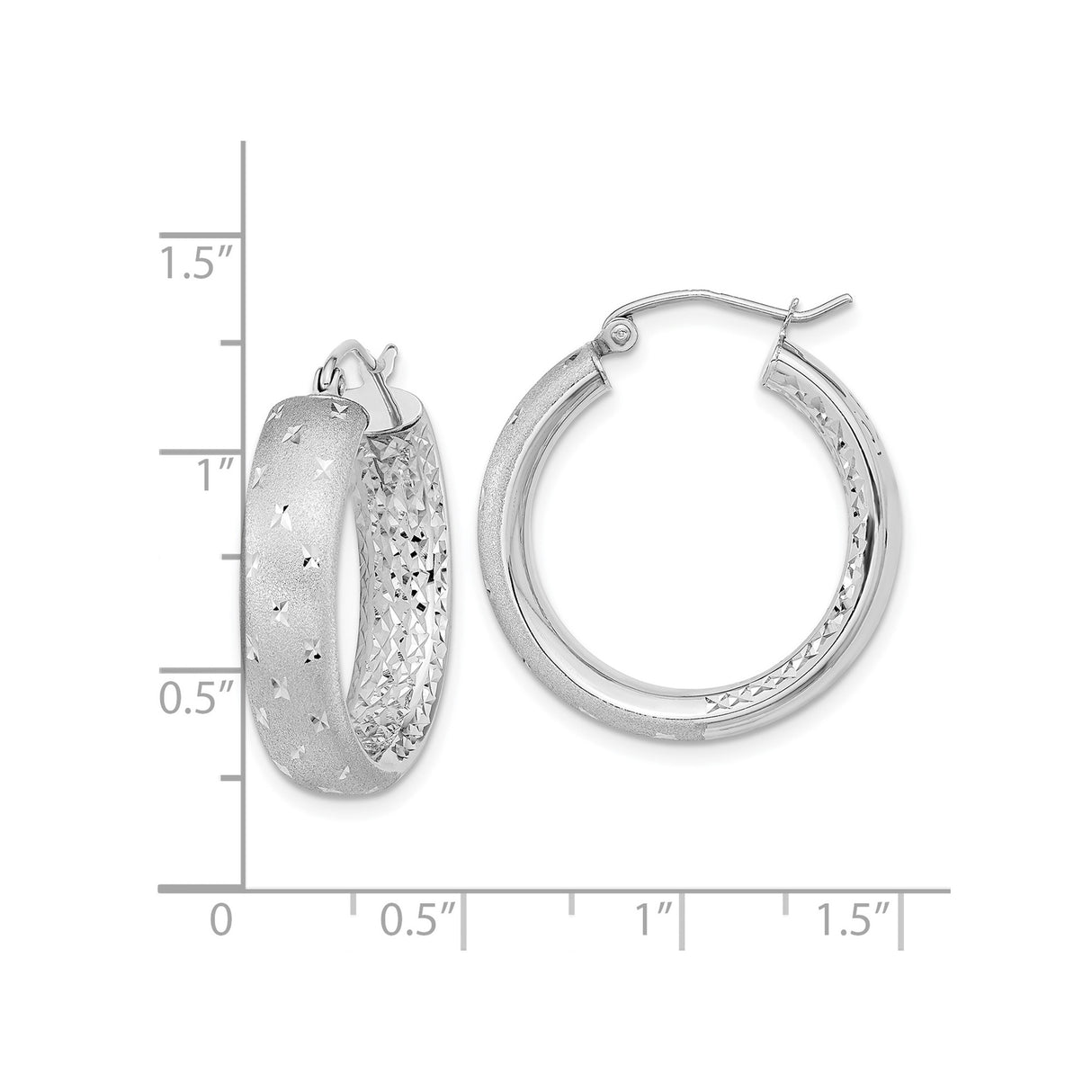 14k White Gold Hoop Earrings with Diamond Cut Texture, Polished and Satin Finish