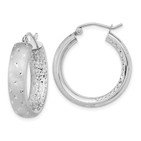 14k White Gold Hoop Earrings with Diamond Cut Texture, Polished and Satin Finish