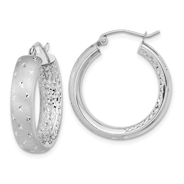 14k White Gold Hoop Earrings with Diamond Cut Texture, Polished and Satin Finish
