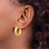 14k Yellow Gold Hoop Earrings, Textured Satin Finish with Diamond Cut Starburst Design