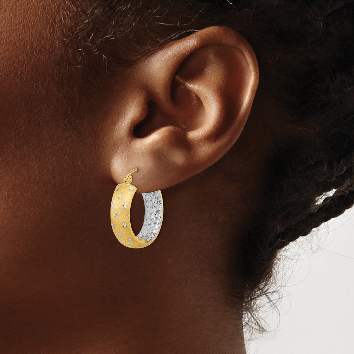 14k Two Tone Gold Hoop Earrings with Diamond Cut Star Pattern and Textured Finish