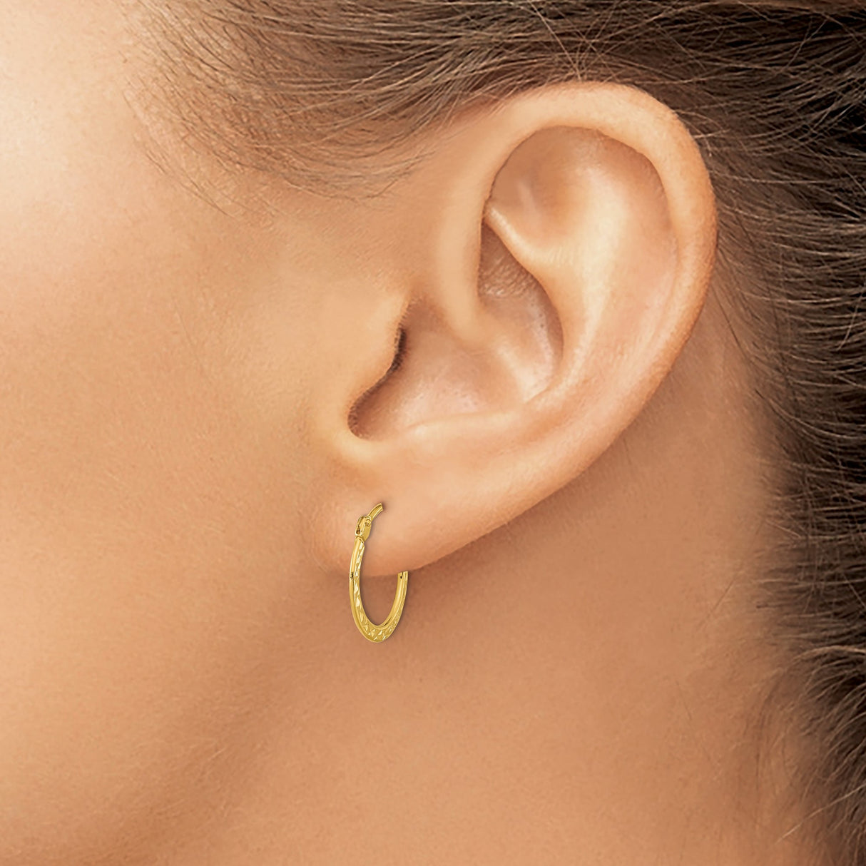 14k Yellow Gold Hoop Earrings, Diamond Cut Textured Round Hoops, Lightweight Minimalist Design