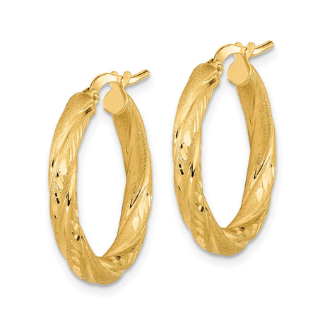 14k Yellow Gold Hoop Earrings with Twisted Leaf Pattern, Polished and Textured Finish