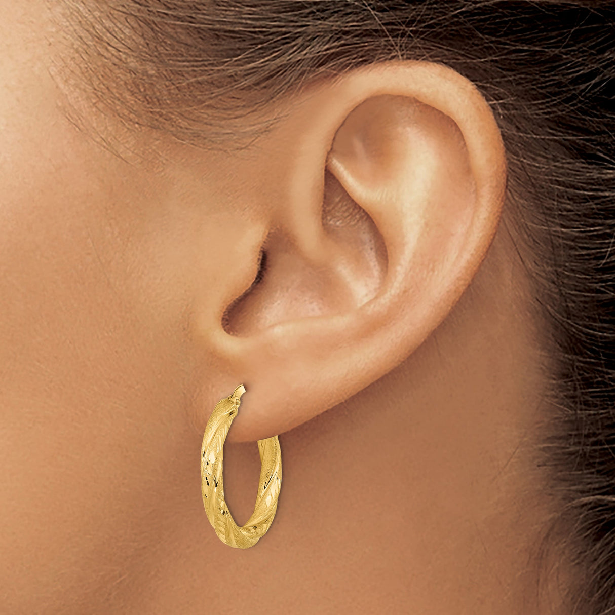 14k Yellow Gold Hoop Earrings with Twisted Leaf Pattern, Polished and Textured Finish
