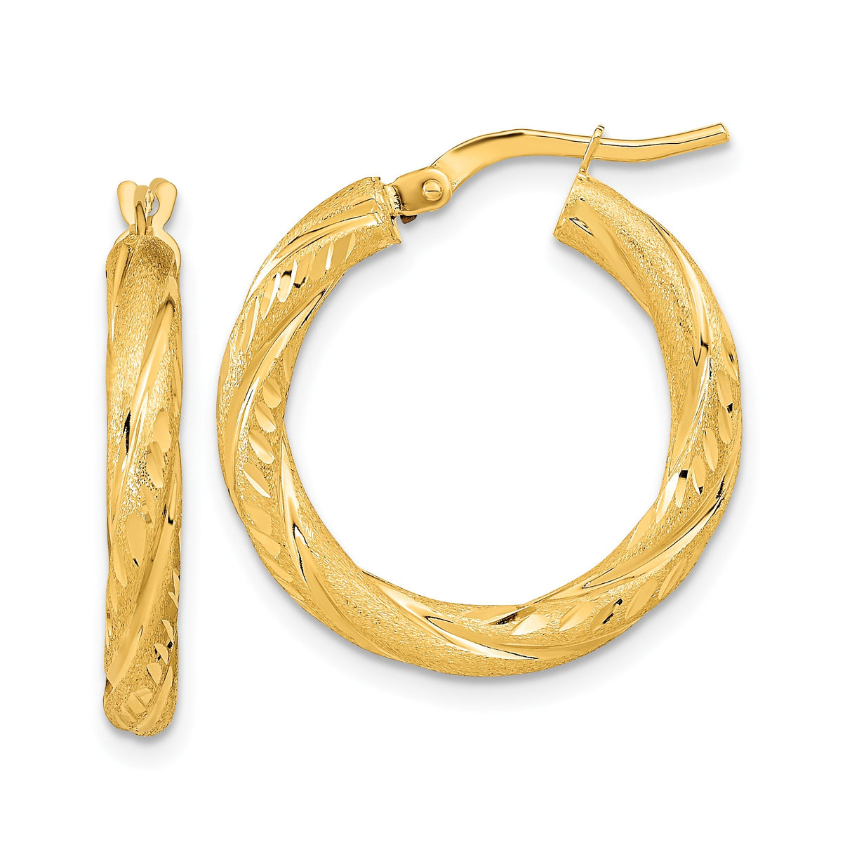 14k Yellow Gold Hoop Earrings with Twisted Leaf Pattern, Polished and Textured Finish