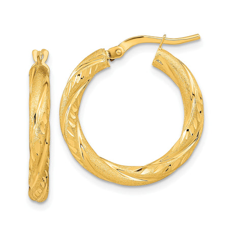 14k Yellow Gold Hoop Earrings with Twisted Leaf Pattern, Polished and Textured Finish