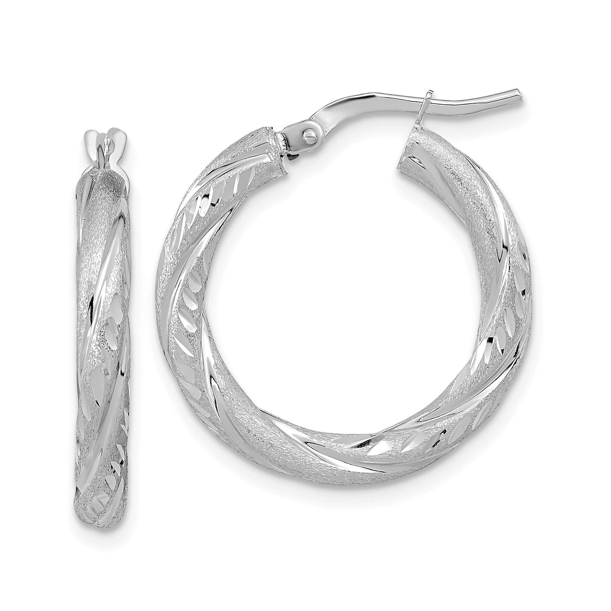 14k White Gold Hoop Earrings with Twisted Leaf Design, Lightweight Textured Finish