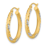 14k Two-Tone Yellow Gold Hoop Earrings with Textured Leaf Design for Women