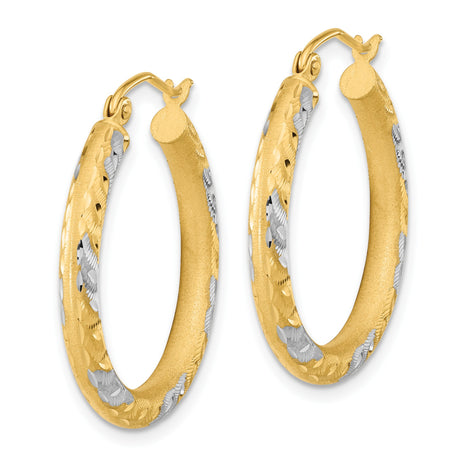 14k Two-Tone Yellow Gold Hoop Earrings with Textured Leaf Design for Women