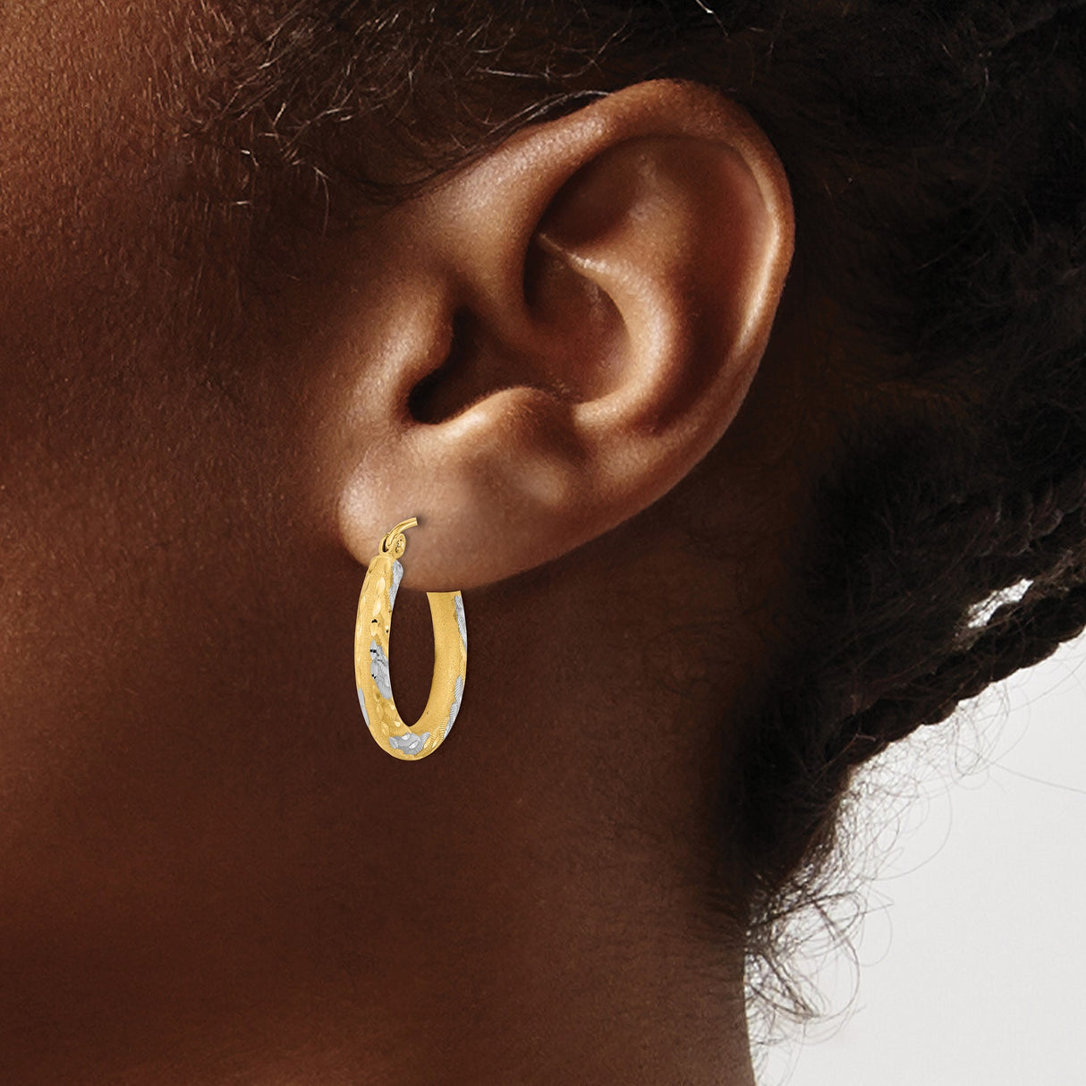 14k Yellow Gold Hoop Earrings with Textured Diamond Cut Leaf Pattern, Two Tone Design for Women