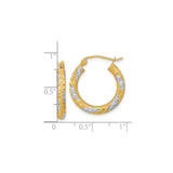 14k Yellow Gold Hoop Earrings with Textured Diamond Cut Leaf Pattern, Two Tone Design for Women