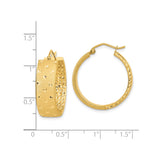 14k Yellow Gold Hoop Earrings with Diamond Cut Star Pattern, High Polish and Satin Finish